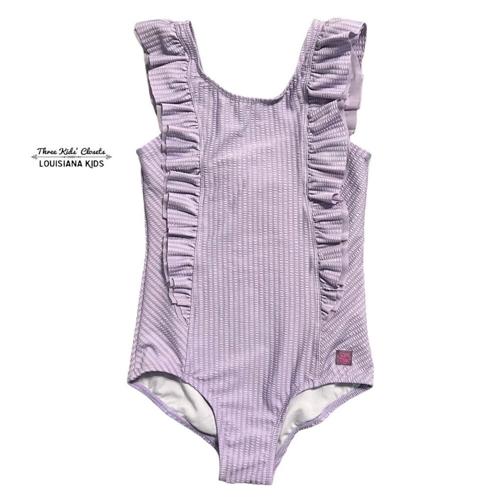 RuffleButts 8Y Lavender Seersucker Ruffle Swim Bathing Suit